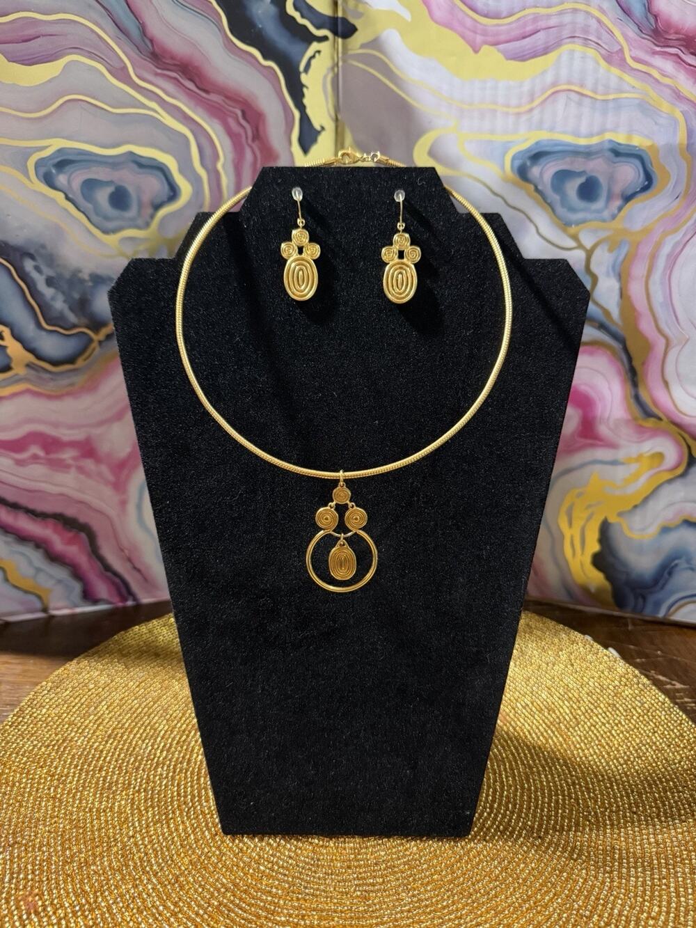 Ralph Lauren Gold Tone Necklace and Earrings Swirls